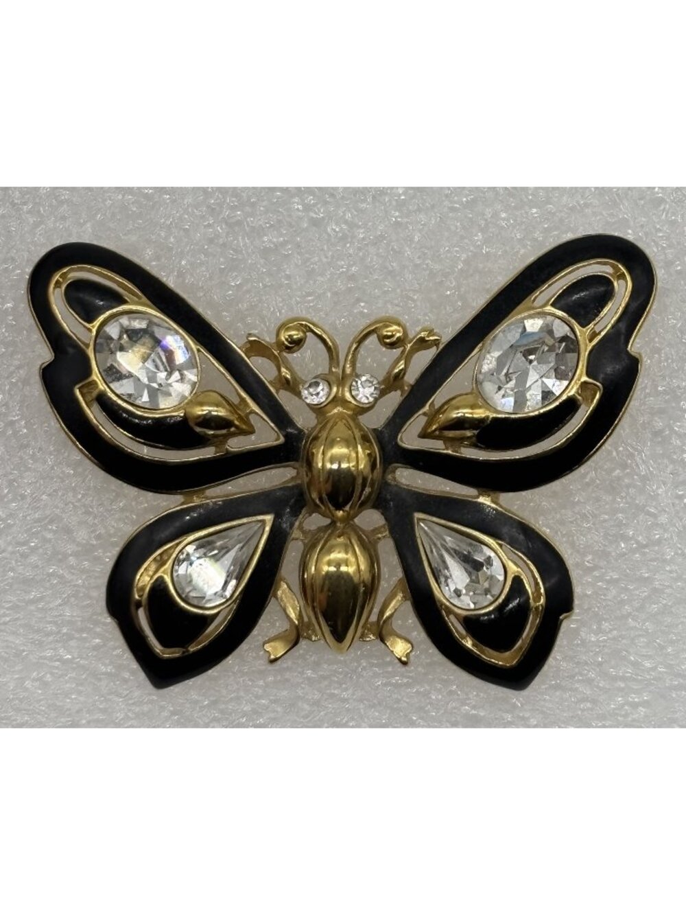 Vintage Trifari Butterfly Brooch Gold Tone Black Enamel Clear Rhinestones Signed